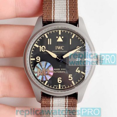 Replica IWC Pilots Mark XVIII Black Dial Brown & Grey Nato Strap Watch